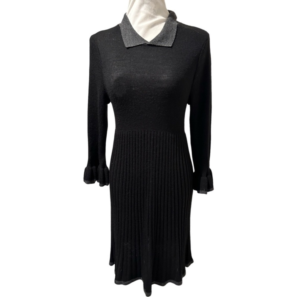 Levine black knit dress, peter pan collar and at wrists are trimmed in gray. M